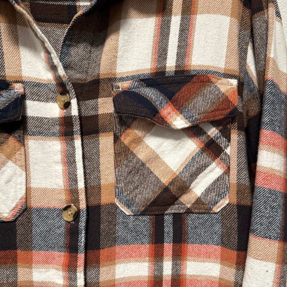 Womens Plaid Flannel Shirt Jacket BeachLoungeLunch Orange Brown White - Picture 12 of 13